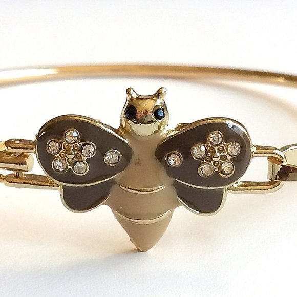Bumble Bee Bangle Bracelet 8" Crystal Beige Enamel Gold Plated Charm - Picture 3 of 12